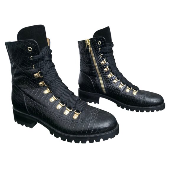 The Office of Angela Scott Mr. Bernard Black Croc Lace Up Combat Boot Size 39 - Picture 5 of 15